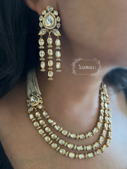 Kartika Gold Finish Polki Kundan Studded Pearl Strand 3 Layered Necklace With Long Earrings By Ranibaug