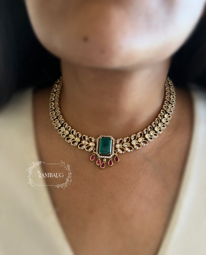 Kashi Emerald Cut Center Stone Choker Necklace Set By Ranibaug