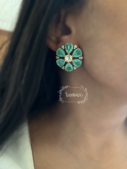 Kashvi Floral Gemstone Gold Plated Polki Diamond Stud Earrings For Women By Ranibaug