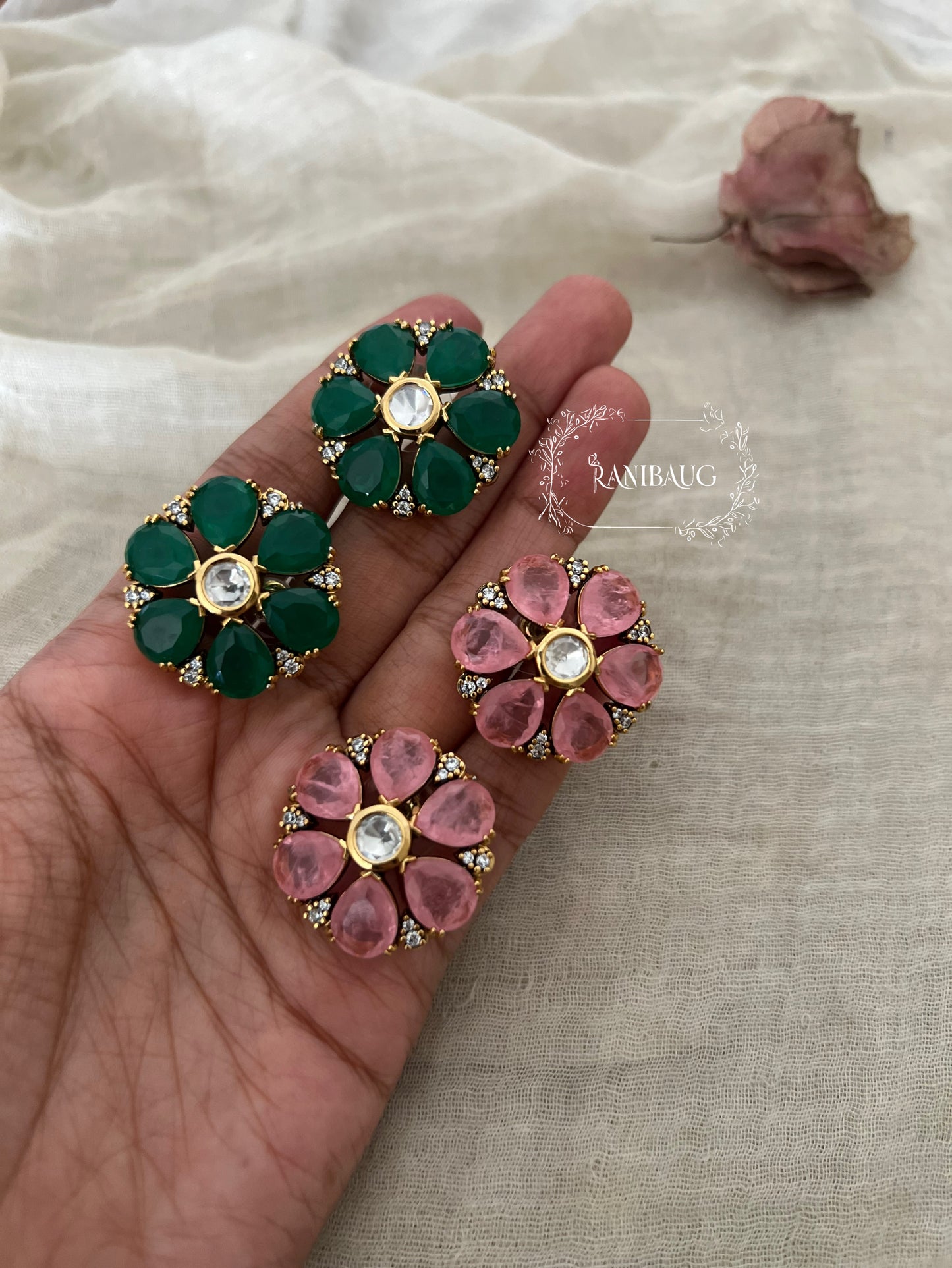 Kashvi Floral Gemstone Gold Plated Polki Diamond Stud Earrings For Women By Ranibaug