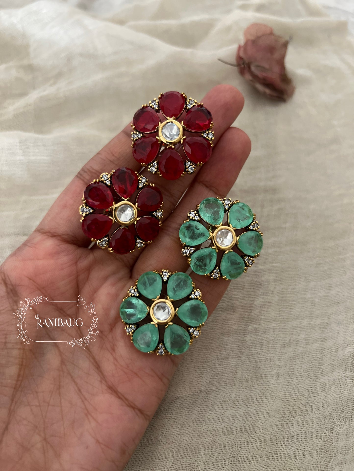 Kashvi Floral Gemstone Gold Plated Polki Diamond Stud Earrings For Women By Ranibaug