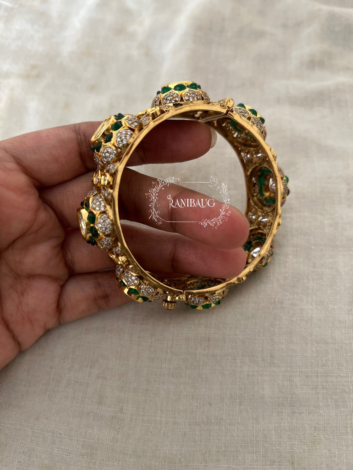 Kashvi Floral Motif Kundan Stone Premium Gold Plated Bangle For Festive Occassions By Ranibaug
