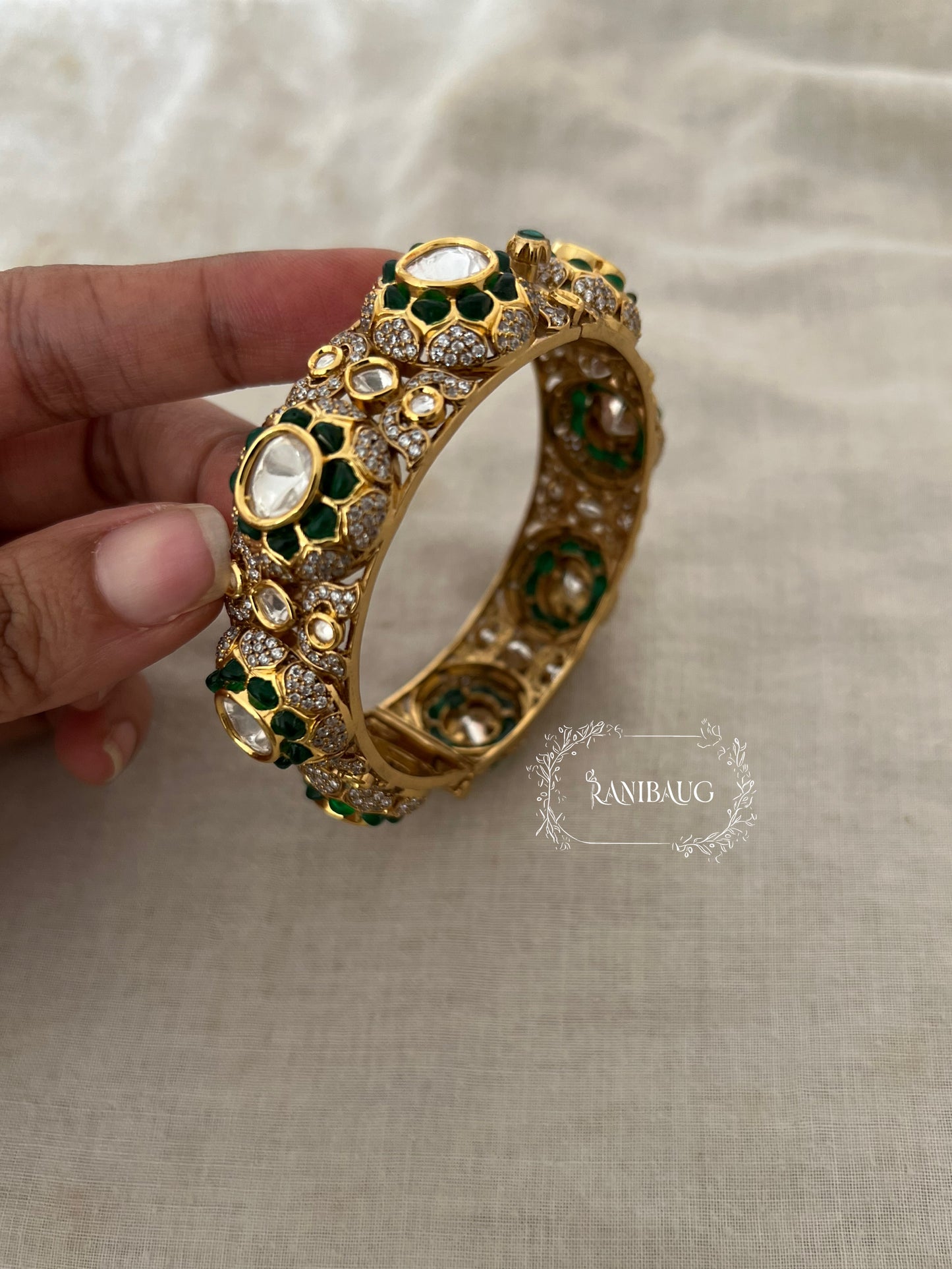 Kashvi Floral Motif Kundan Stone Premium Gold Plated Bangle For Festive Occassions By Ranibaug