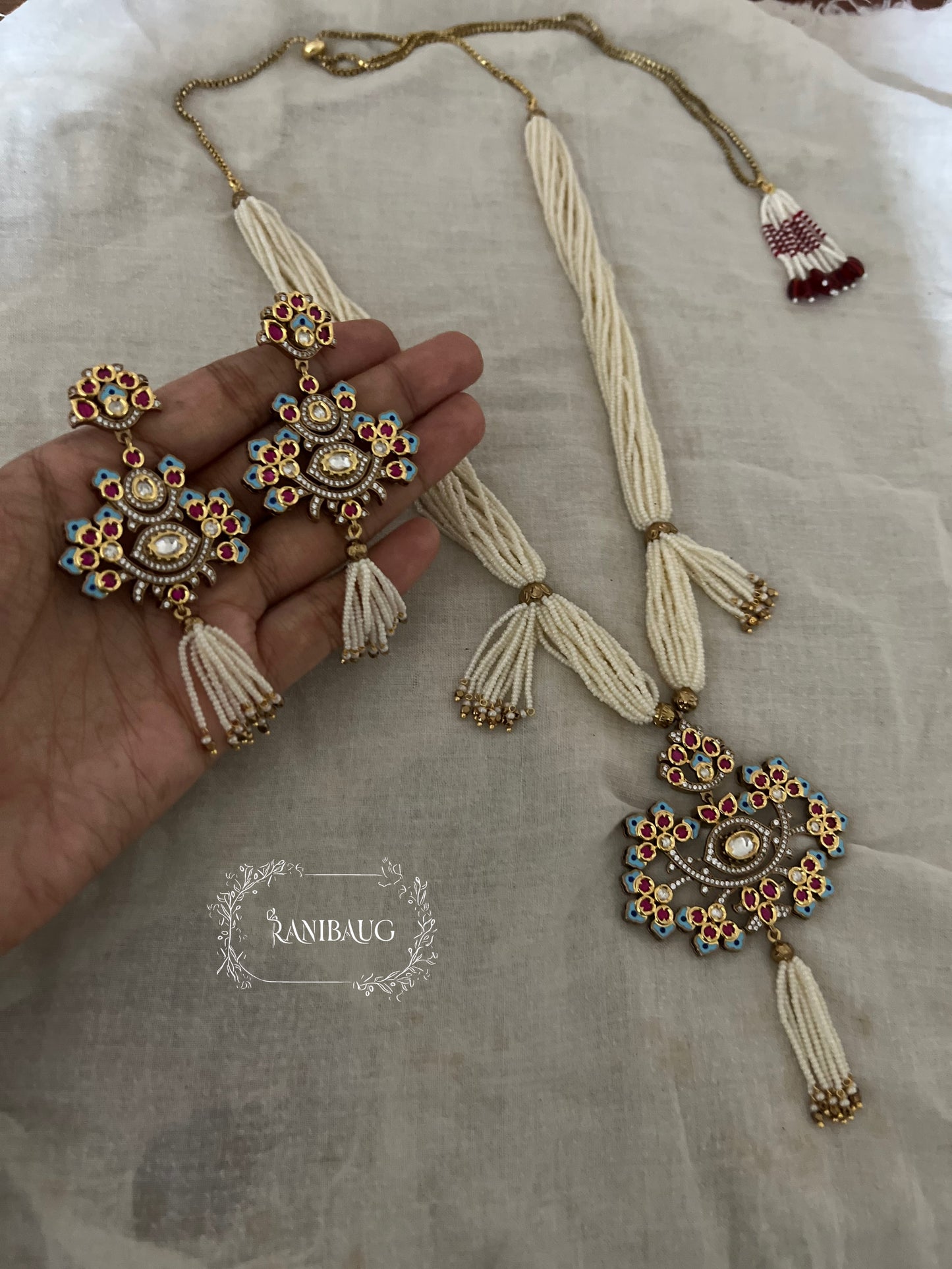 Kashvi Moti Tassel Long Indian Traditional Necklace Set By Ranibaug