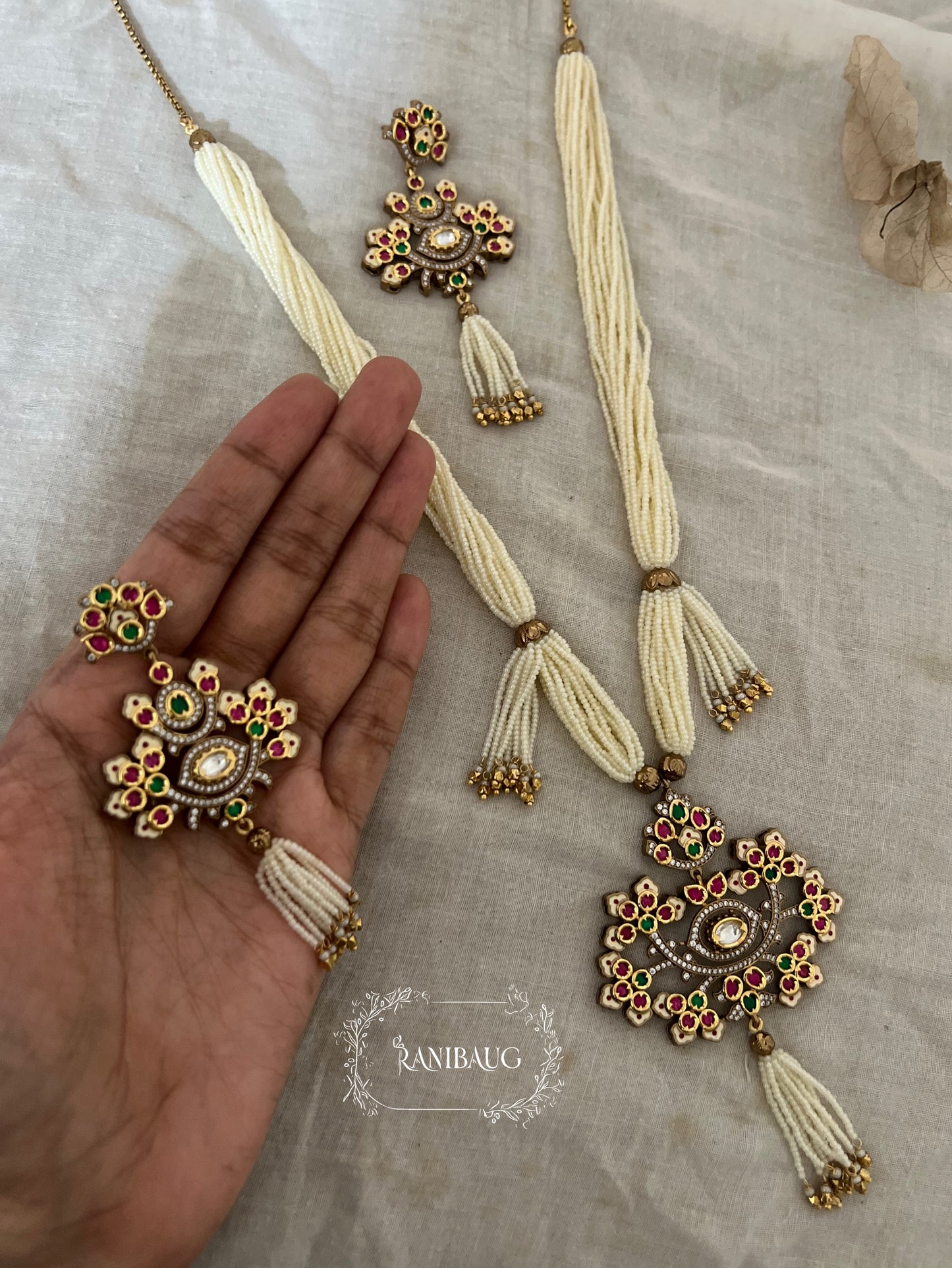 Kashvi Moti Tassel Long Indian Traditional Necklace Set By Ranibaug