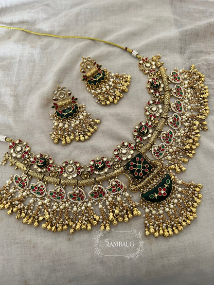 Kavinya Antique Gold Finish Nature Inspired Floral And Bird Motif South Indian Heritage Designer Bridal Necklace Jewellery Set By Ranibaug