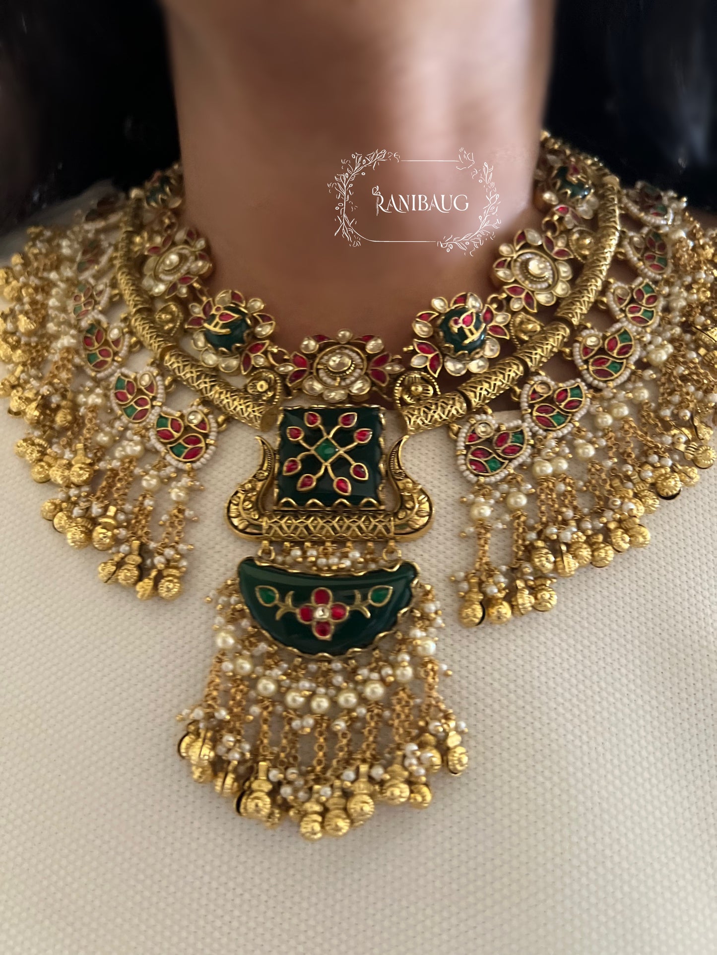 Kavinya Antique Gold Finish Nature Inspired Floral And Bird Motif South Indian Heritage Designer Bridal Necklace Jewellery Set By Ranibaug