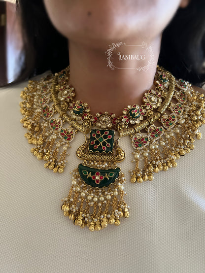 Kavinya Antique Gold Finish Nature Inspired Floral And Bird Motif South Indian Heritage Designer Bridal Necklace Jewellery Set By Ranibaug