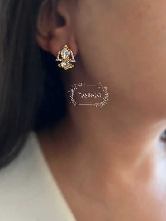 Kavni Polki Kundan Gold Finish Minimal Classic Ear Studs Jewelry By Ranibaug