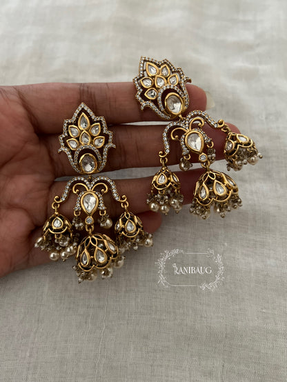Kavya Kundan Polki Gold Finish Jhumki Motifs Designer Festive Earrings By Ranibaug