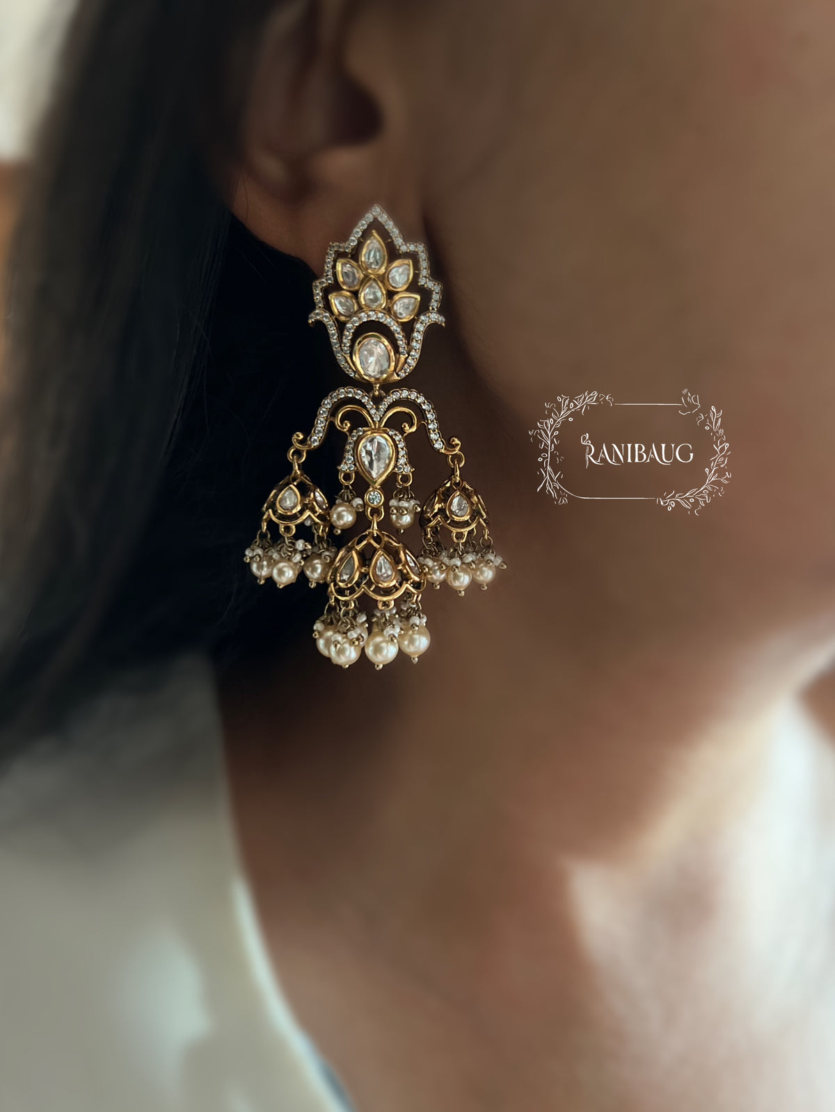 Kavya Kundan Polki Gold Finish Jhumki Motifs Designer Festive Earrings By Ranibaug
