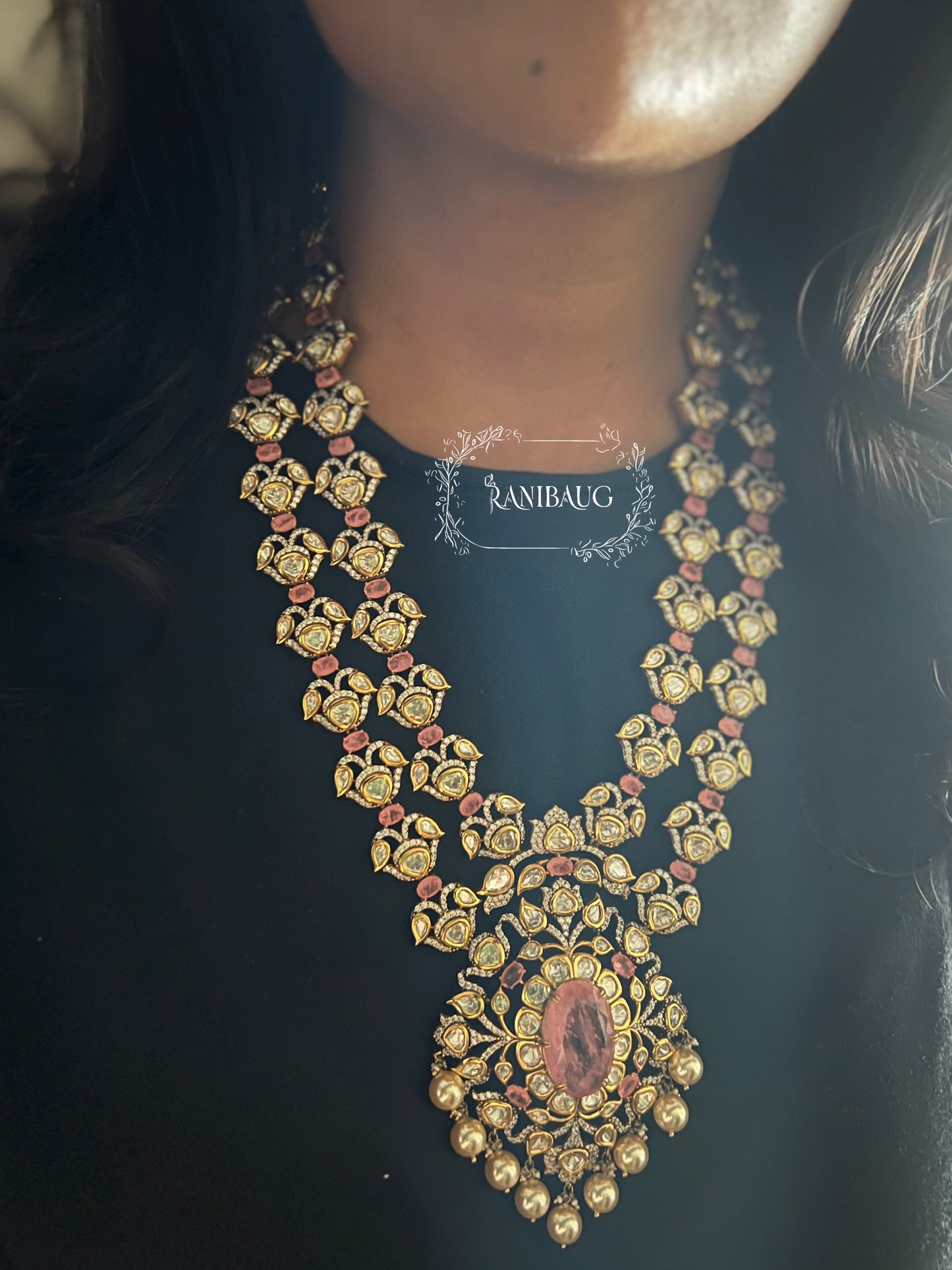 Kavya Royal Long Polki Kundan Victorian Necklace Set With Gemstone Motif By Ranibaug