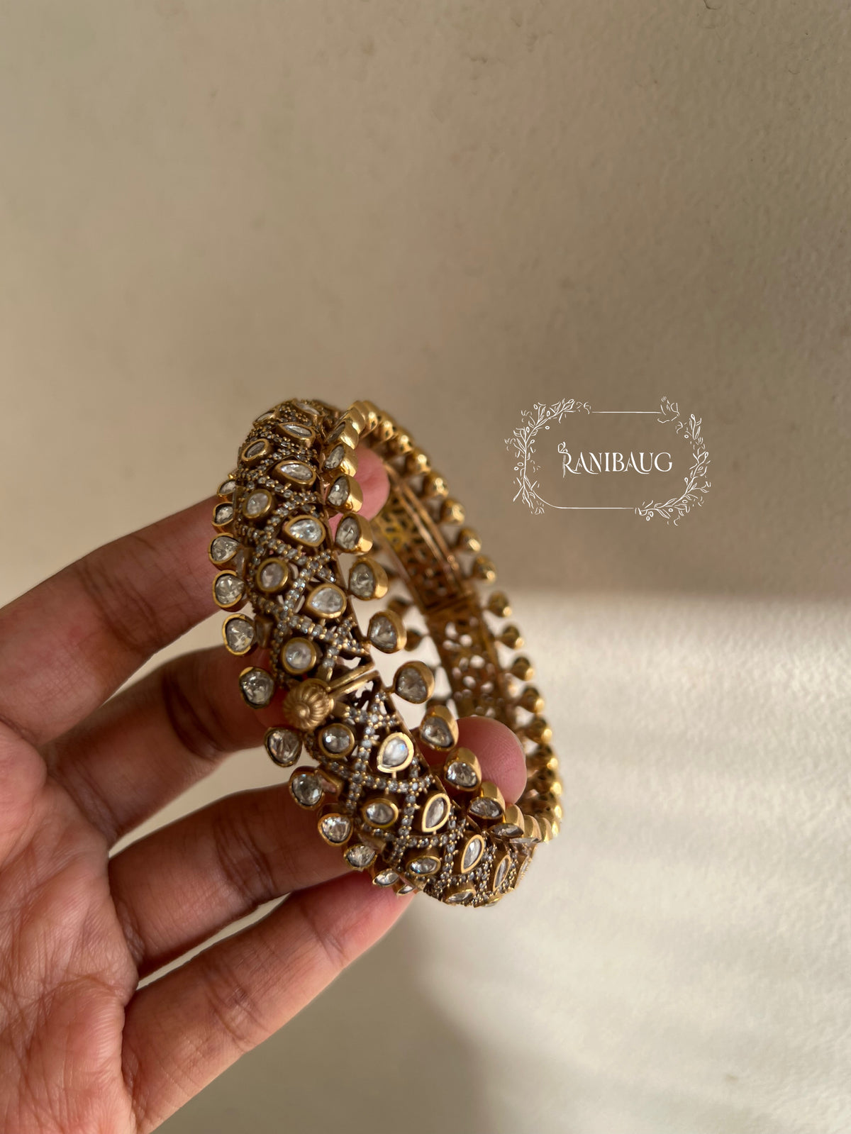 Kavyani Polki Royal Statement Mossainite Gold Finish Bangle By Ranibaug
