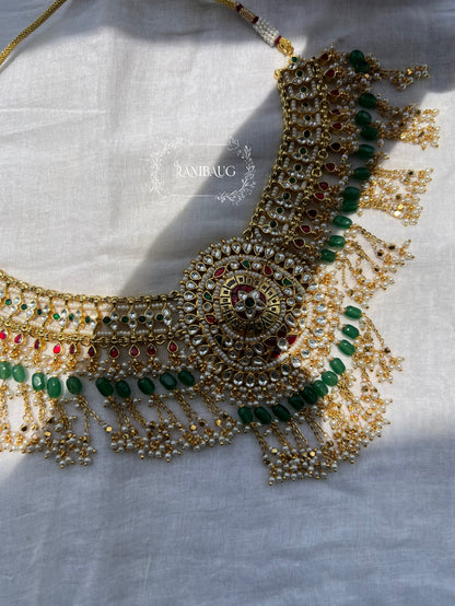 Keerthana Royal Court Rich Gold Finish Intricate Paachi Kundan Studded Beaded Heritage Necklace Set By Ranibaug