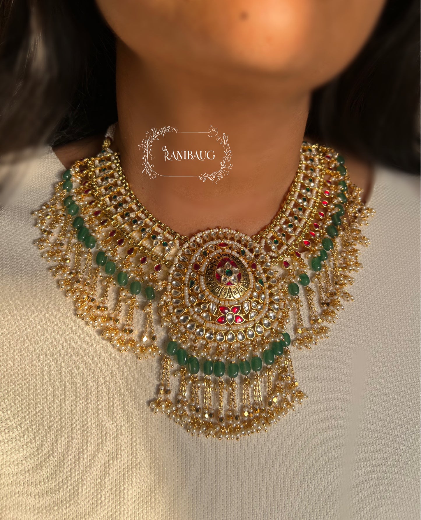 Keerthana Royal Court Rich Gold Finish Intricate Paachi Kundan Studded Beaded Heritage Necklace Set By Ranibaug