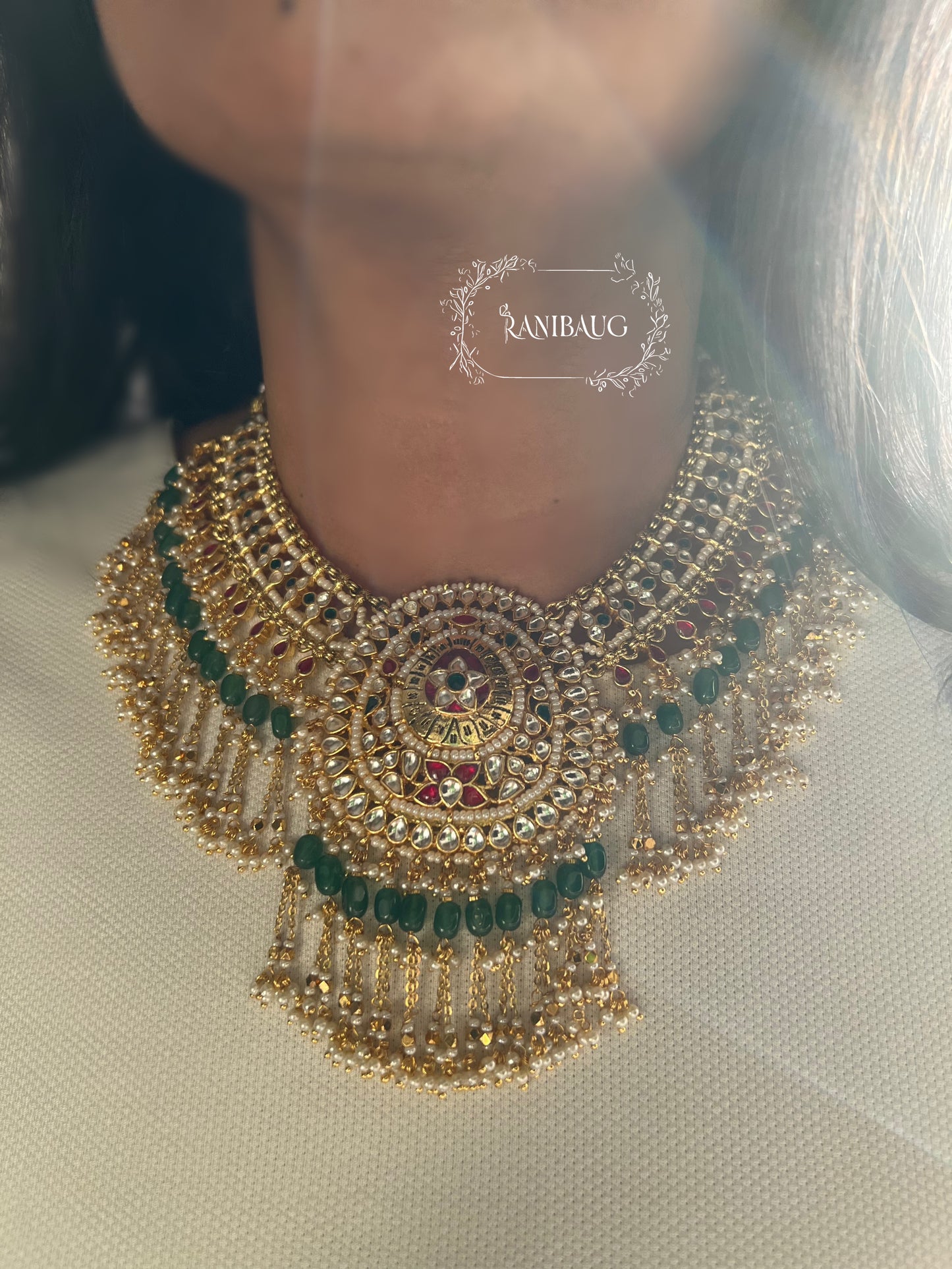 Keerthana Royal Court Rich Gold Finish Intricate Paachi Kundan Studded Beaded Heritage Necklace Set By Ranibaug