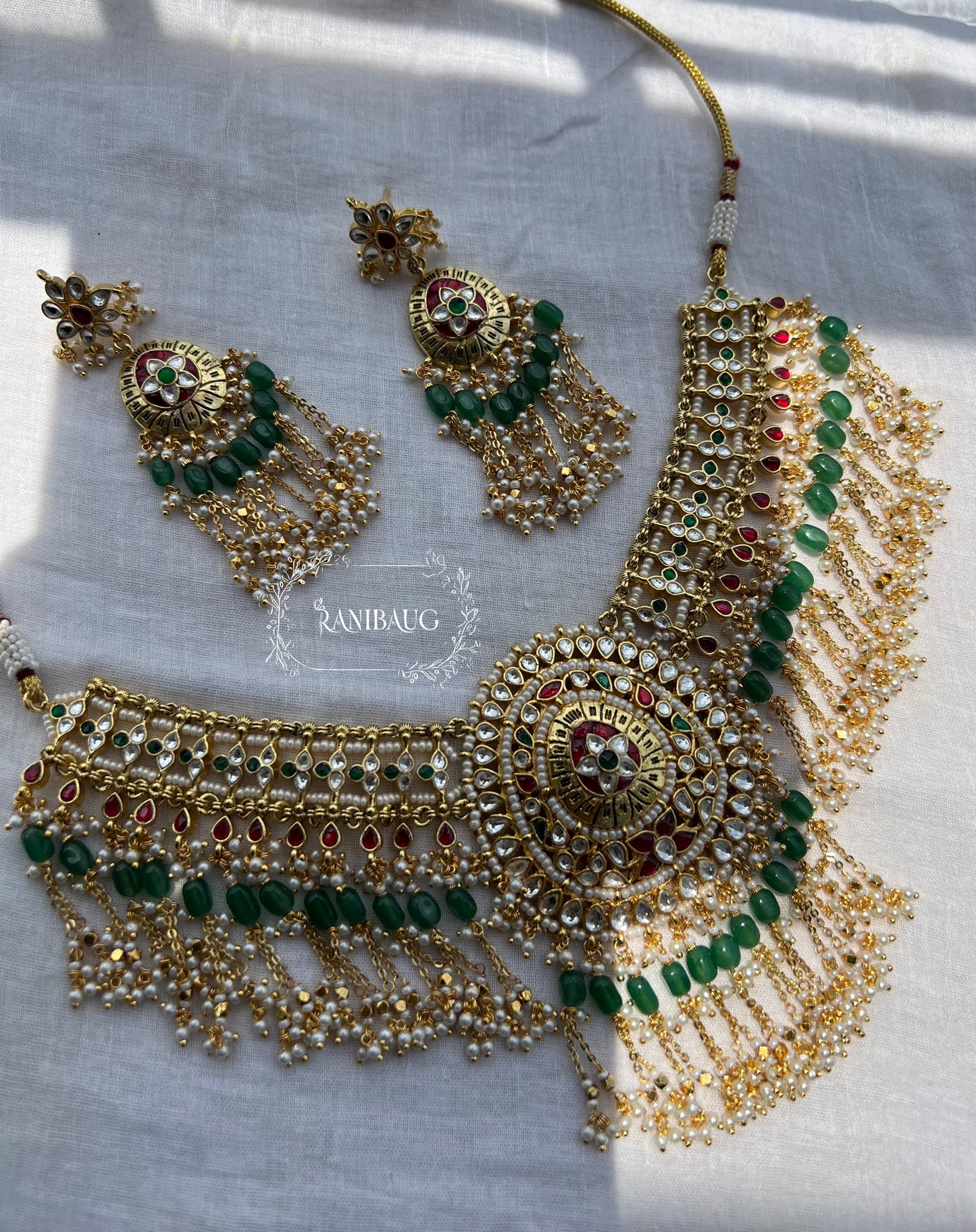 Keerthana Royal Court Rich Gold Finish Intricate Paachi Kundan Studded Beaded Heritage Necklace Set By Ranibaug