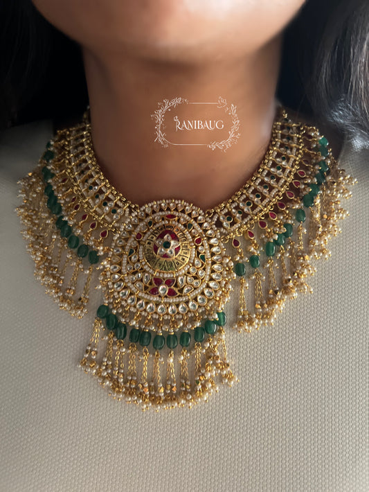 Keerthana Royal Court Rich Gold Finish Intricate Paachi Kundan Studded Beaded Heritage Necklace Set By Ranibaug