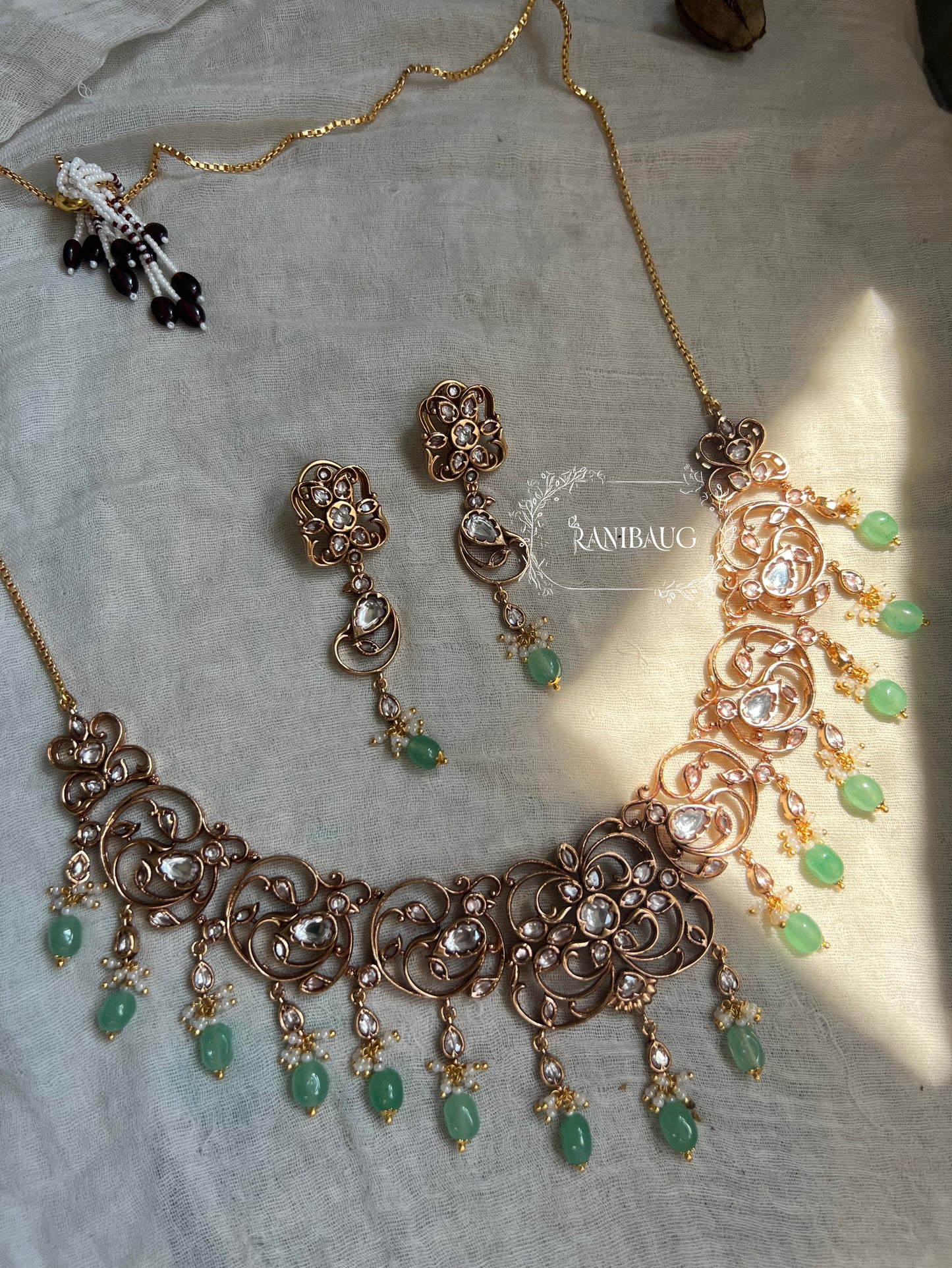 Keerthi Gold Intricate Design Work Polki Studded Beaded Tassel Heritage Necklace Set By Ranibaug