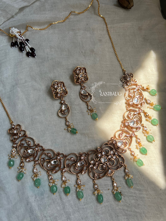 Keerthi Gold Intricate Design Work Polki Studded Beaded Tassel Heritage Necklace Set By Ranibaug