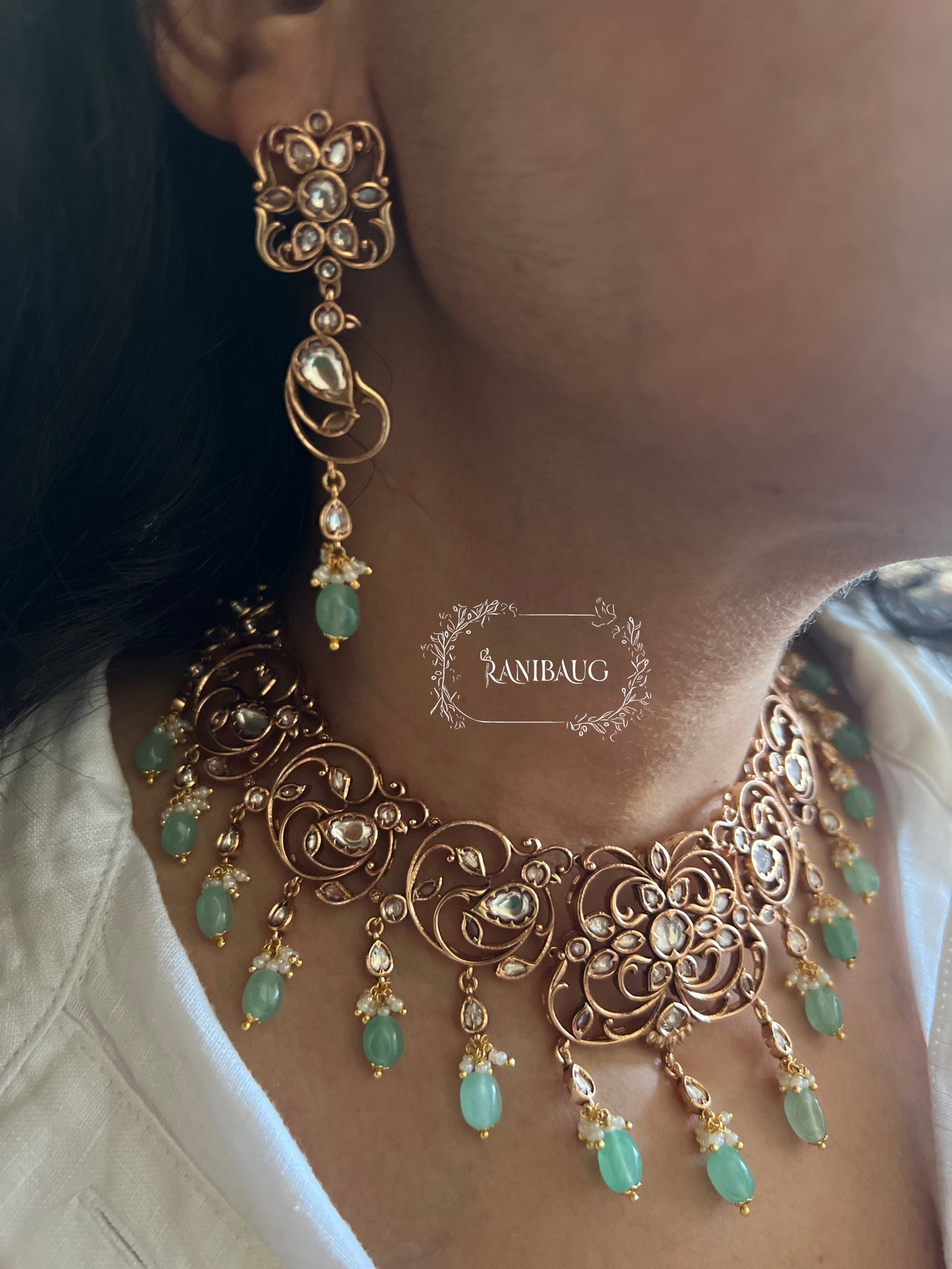 Keerthi Gold Intricate Design Work Polki Studded Beaded Tassel Heritage Necklace Set By Ranibaug