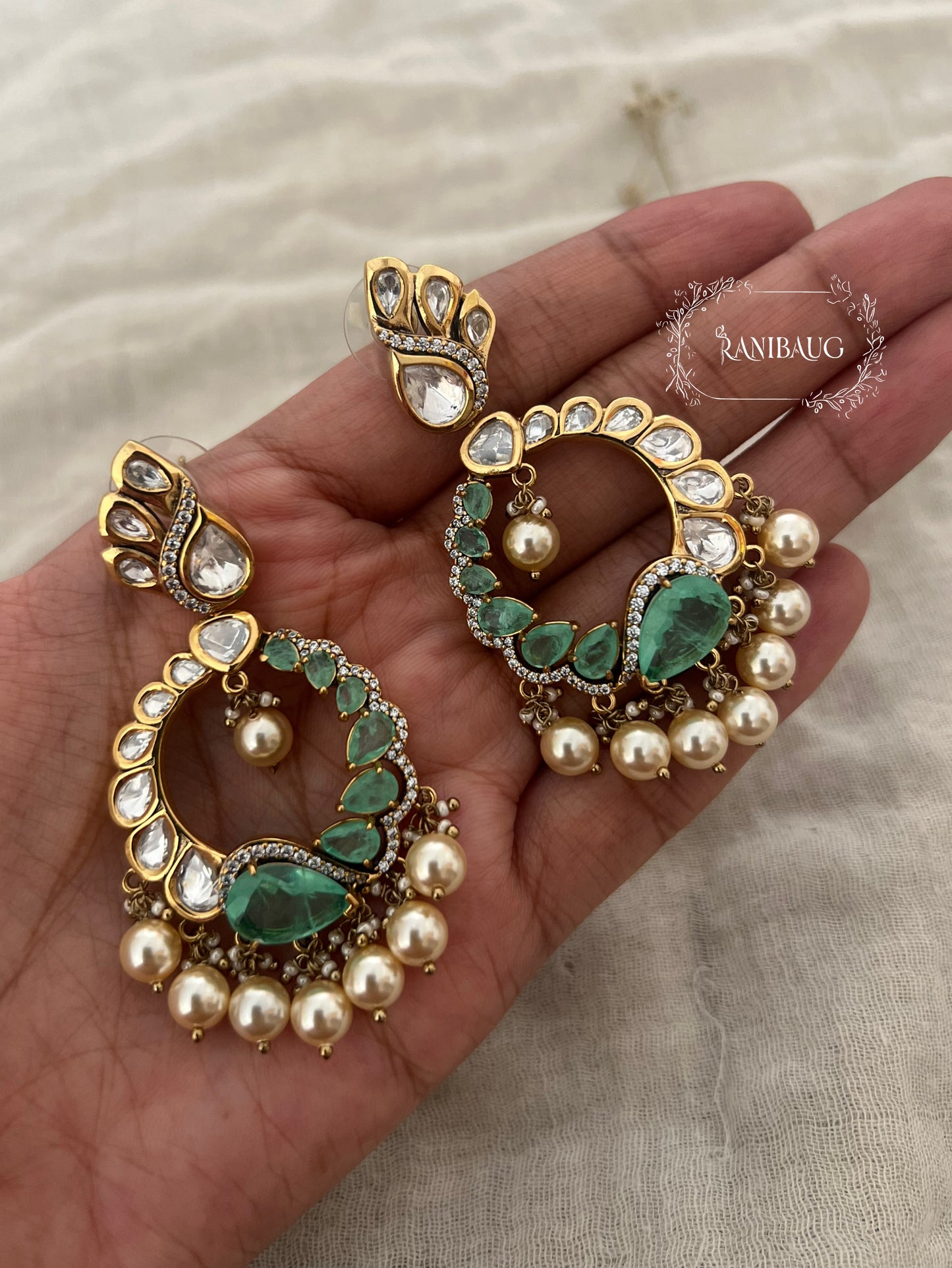 Khumaari Peacock Kundan Pearl Chandbali Earring | Ranibaug