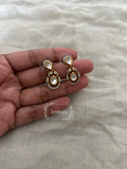 Kiara Rich Gold Finish Teardrop Motif Dangle Drop Ear Stud Minimal Ear Jewelry By Ranibaug