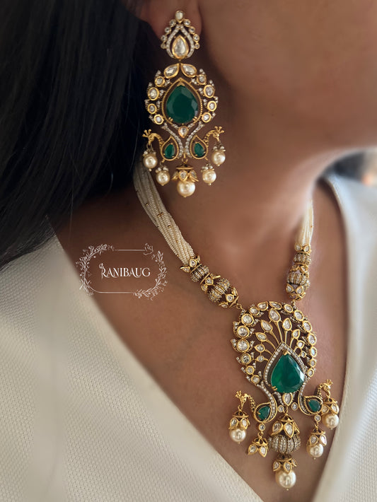 Kiran Royal Mossainite Polki Studded In Rich Gold Finish Necklace Jewellery Set Adorned In Pearls By Ranibaug