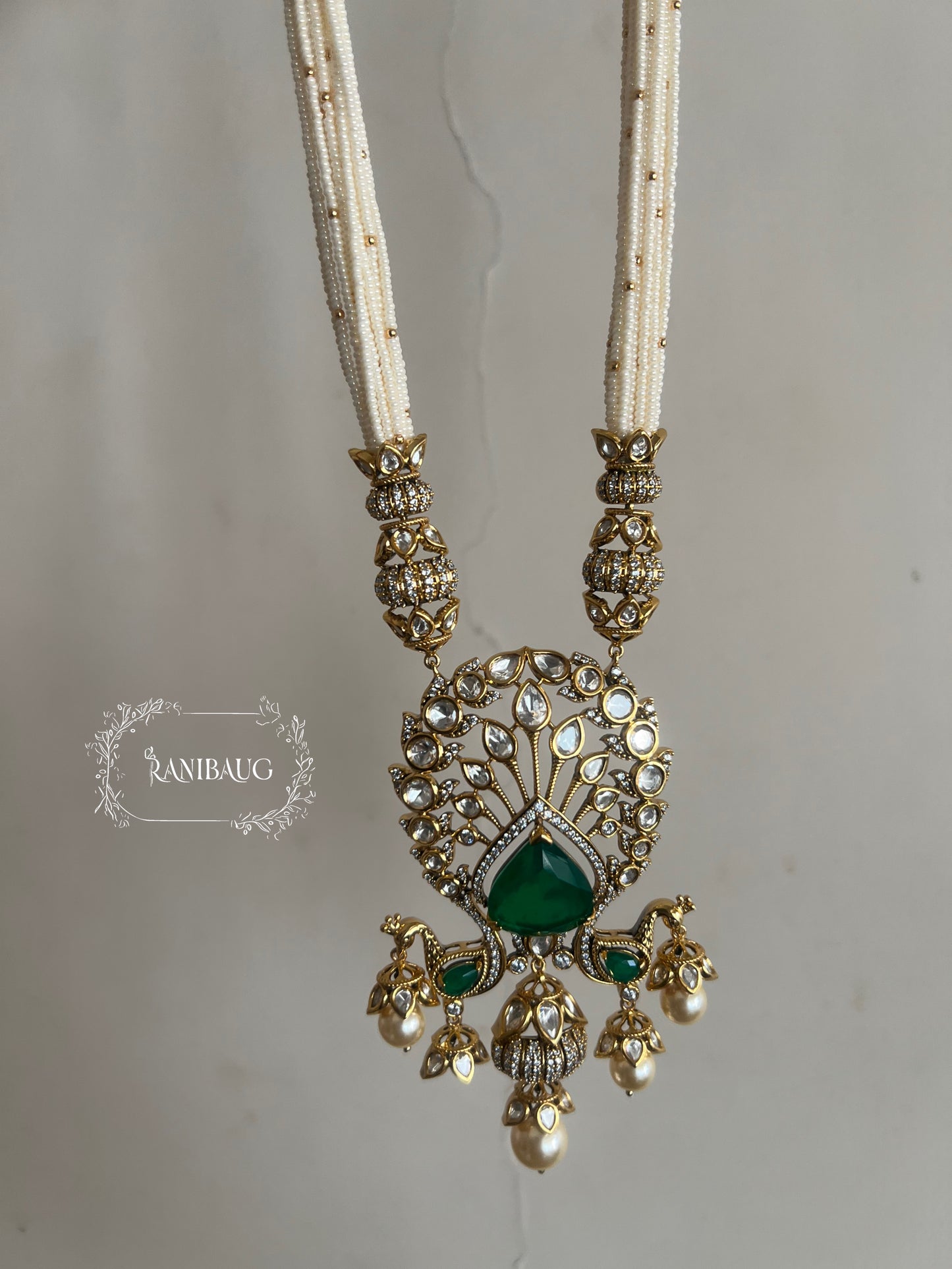 Kiran Royal Mossainite Polki Studded In Rich Gold Finish Necklace Jewellery Set Adorned In Pearls By Ranibaug