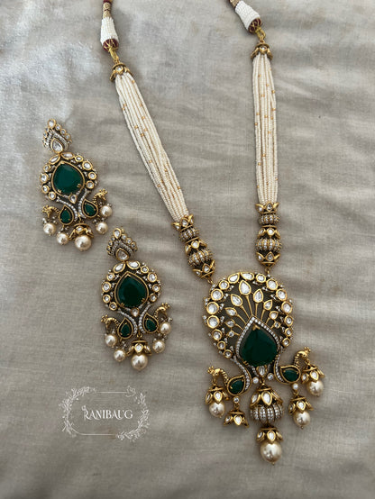 Kiran Royal Mossainite Polki Studded In Rich Gold Finish Necklace Jewellery Set Adorned In Pearls By Ranibaug