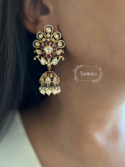 Kishani Floral Motif Polki Kundan Festive Dangle Jhumki Earrings By Ranibaug