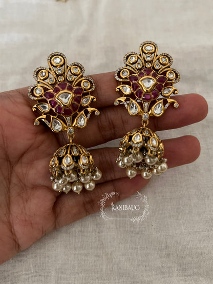 Kishani Floral Motif Polki Kundan Festive Dangle Jhumki Earrings By Ranibaug