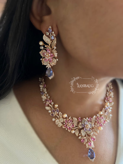 Kiyana Floral Blossom Bouquet Designer Gold Finish Diamond Necklace Jewellery Set By Ranibaug