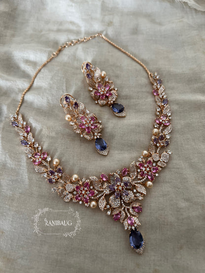 Kiyana Floral Blossom Bouquet Designer Gold Finish Diamond Necklace Jewellery Set By Ranibaug