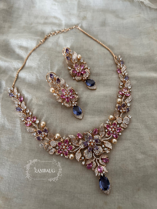 Kiyana Floral Blossom Bouquet Designer Gold Finish Diamond Necklace Jewellery Set By Ranibaug