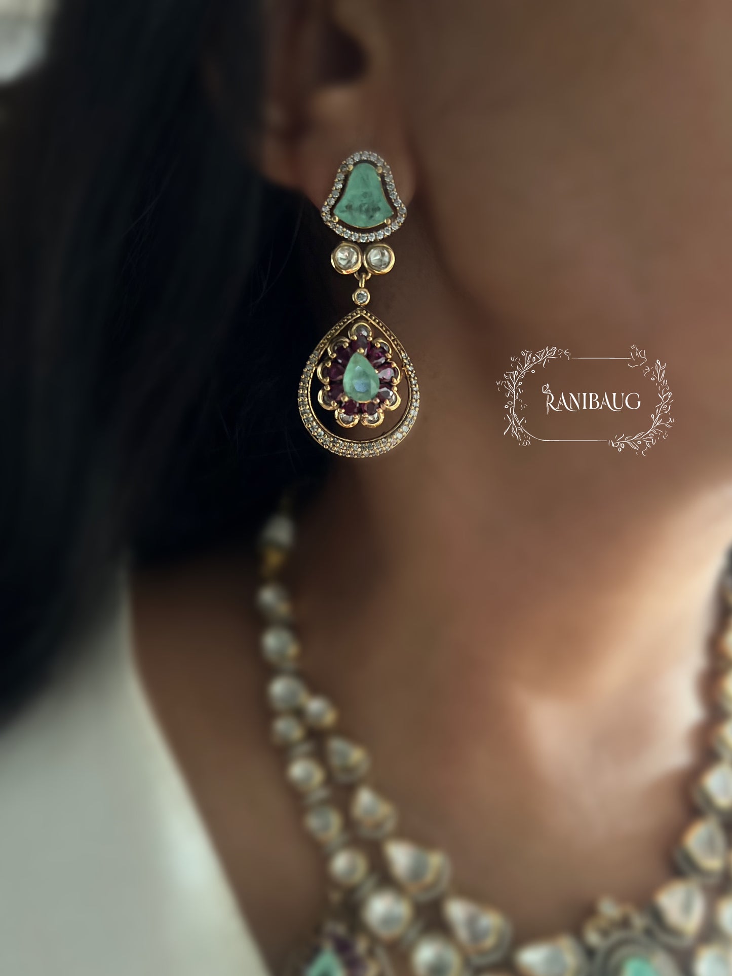 Kiyana Polki Gemstone Adorned Teardrop Dangle Motifs Layered Royal Necklace With Maang Tikka By Ranibaug
