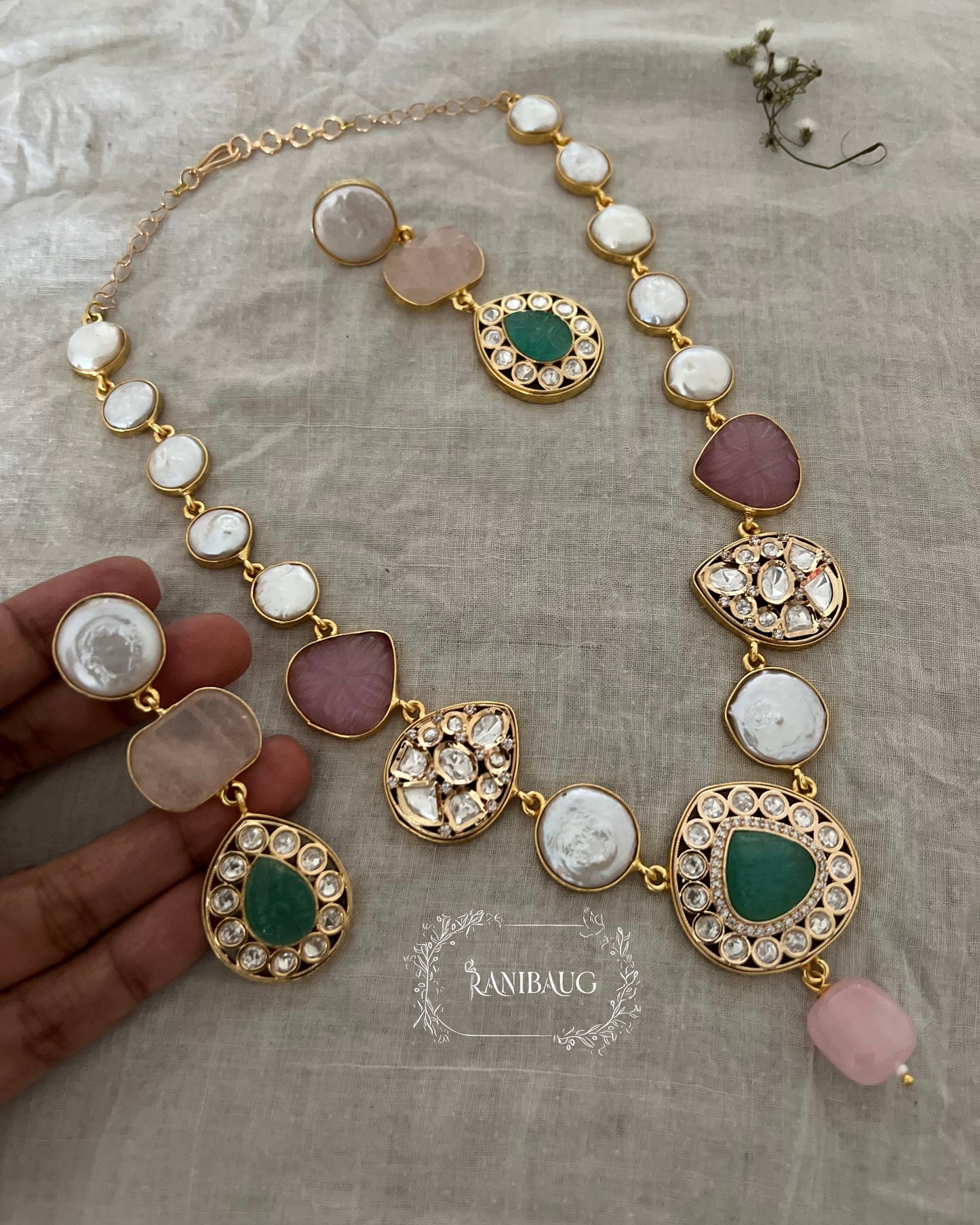 Komal Gold Plated Semi Precious Jewelry Featring Real Baroque Pearl Motifs And Monalisa Carving Stones By Ranibaug | Premium Semi Precious Jewelry Collection 2026