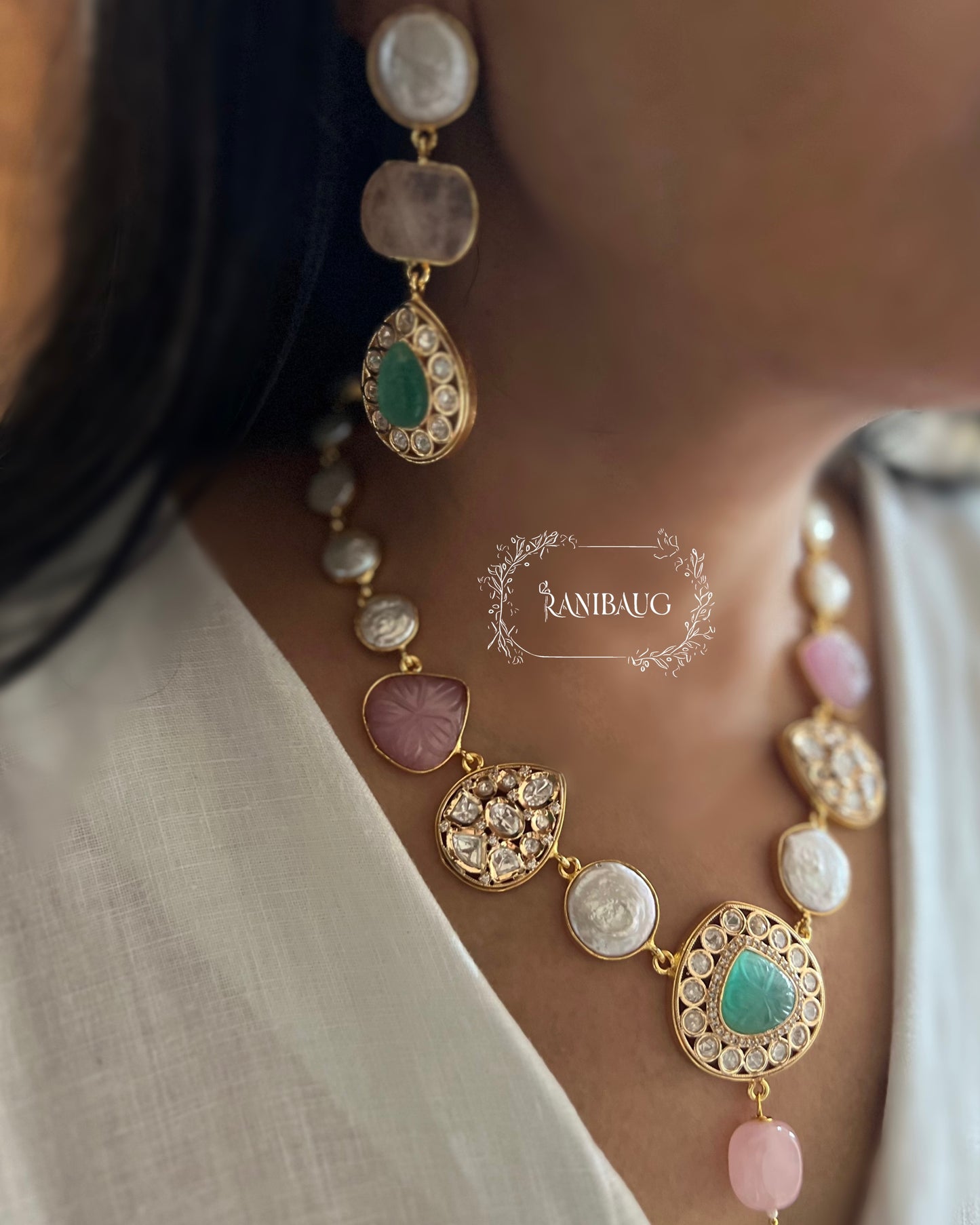 Komal Gold Plated Semi Precious Jewelry Featring Real Baroque Pearl Motifs And Monalisa Carving Stones By Ranibaug | Premium Semi Precious Jewelry Collection 2026