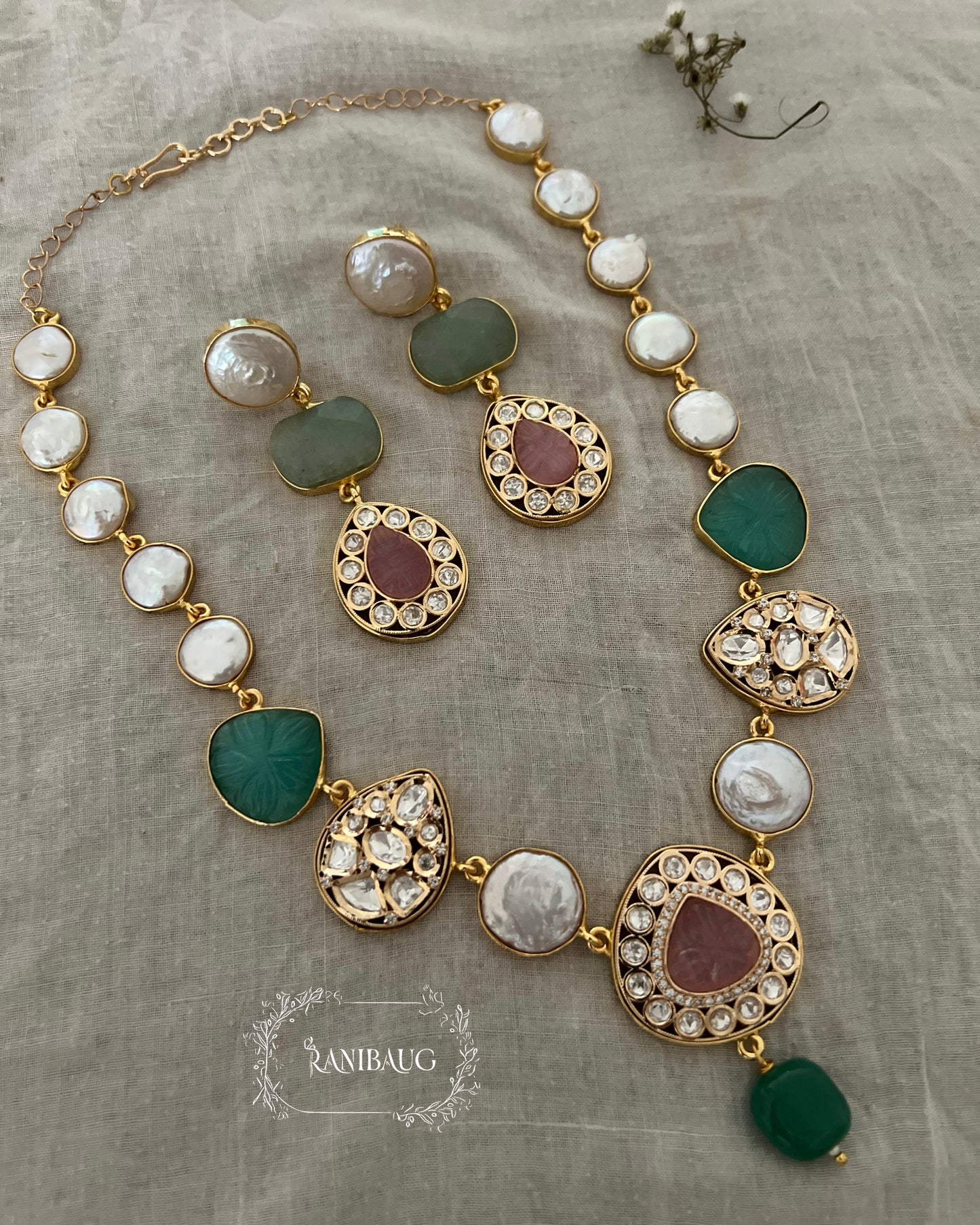 Komal Gold Plated Semi Precious Jewelry Featring Real Baroque Pearl Motifs And Monalisa Carving Stones By Ranibaug | Premium Semi Precious Jewelry Collection 2026
