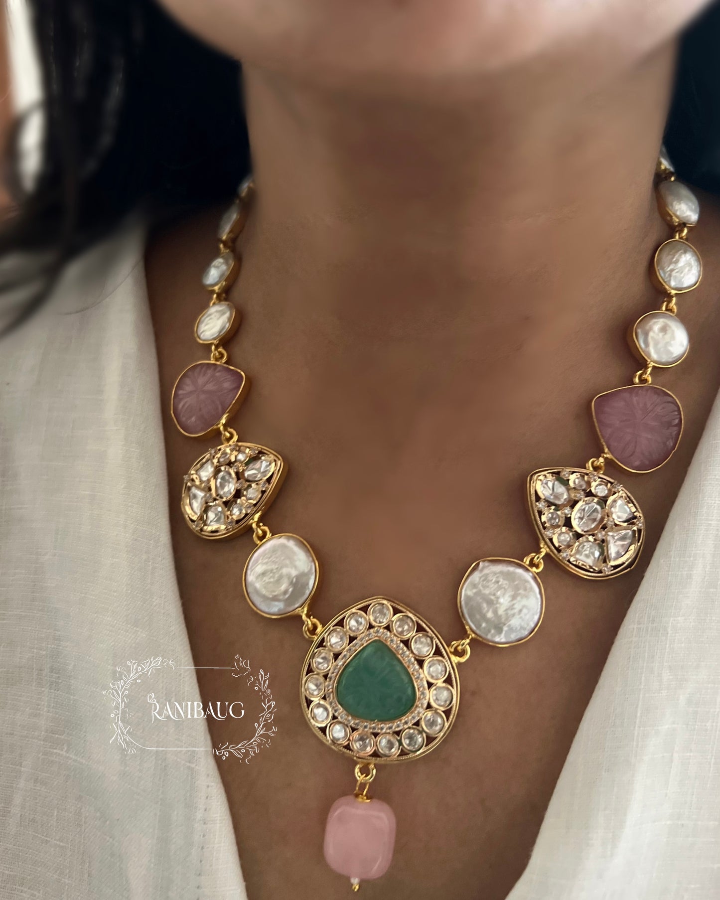Komal Gold Plated Semi Precious Jewelry Featring Real Baroque Pearl Motifs And Monalisa Carving Stones By Ranibaug | Premium Semi Precious Jewelry Collection 2026