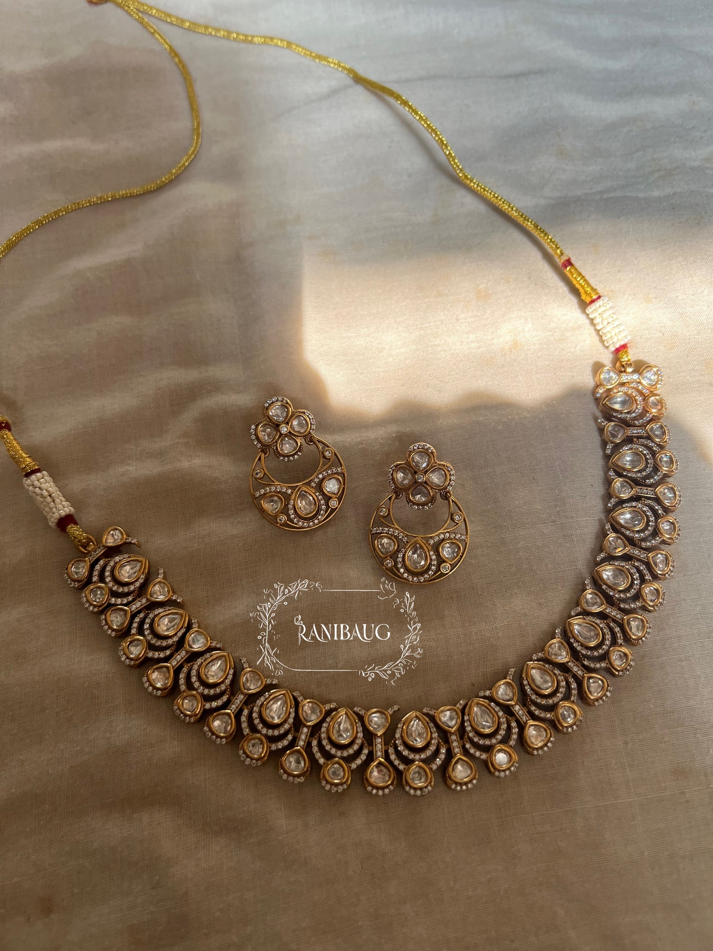 Komal Mossainite Polki Victorian Finish Modern Premium Choker Necklace Set By Ranibaug