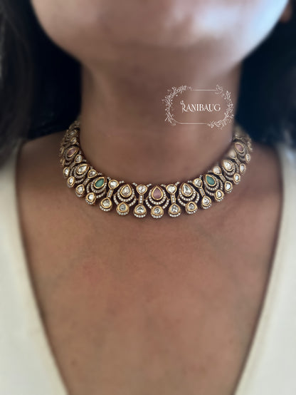 Komal Mossainite Polki Victorian Finish Modern Premium Choker Necklace Set By Ranibaug