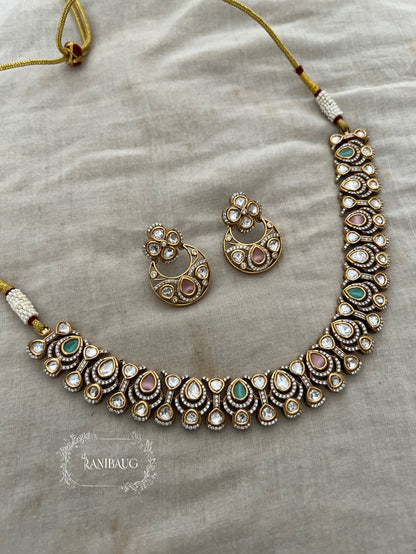 Komal Mossainite Polki Victorian Finish Modern Premium Choker Necklace Set By Ranibaug