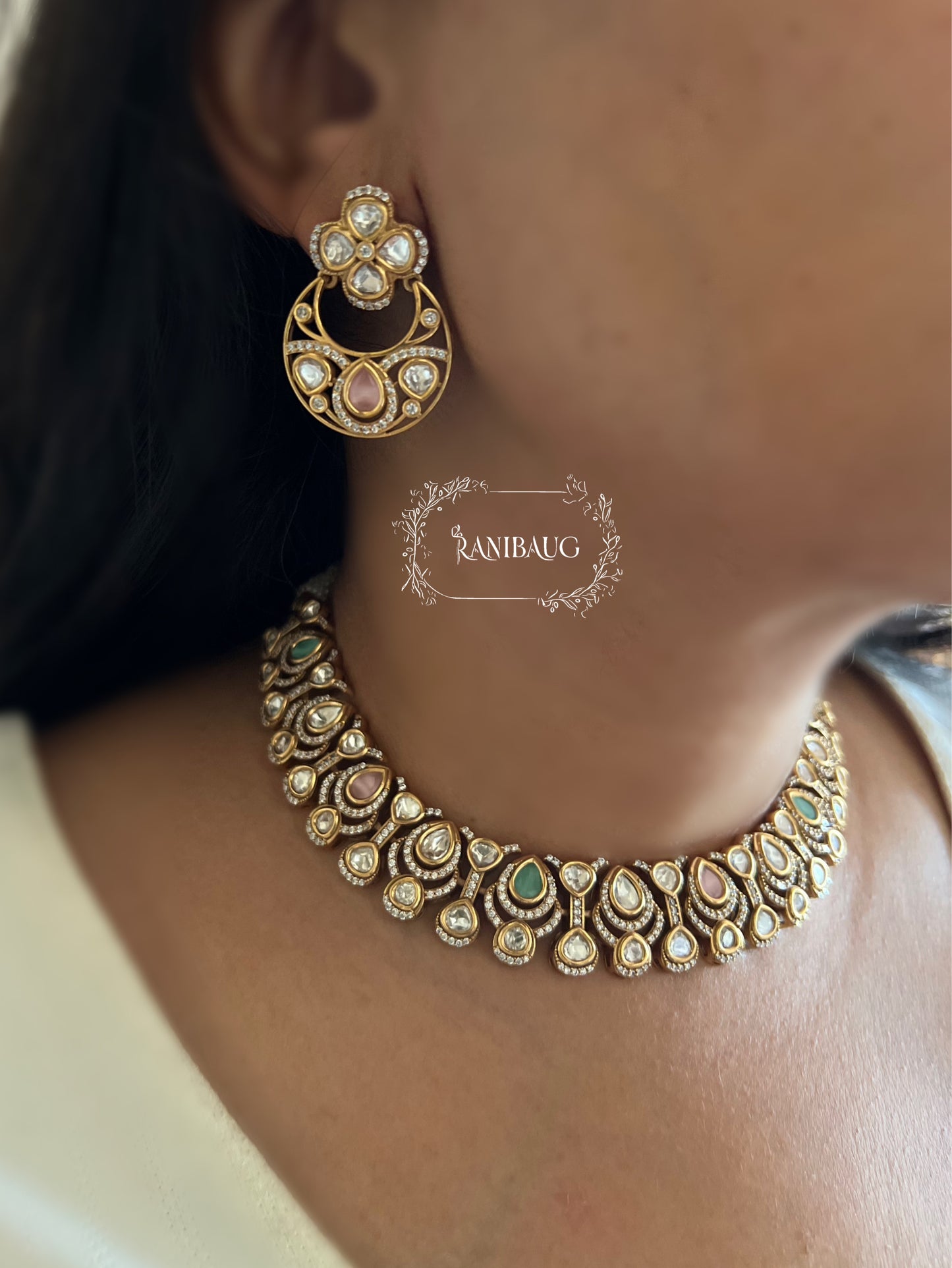 Komal Mossainite Polki Victorian Finish Modern Premium Choker Necklace Set By Ranibaug