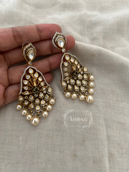 Kripa Kundan Studded Peacock Chandbali Pearl Drop Earrings By Ranibaug