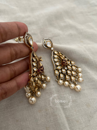 Kripa Kundan Studded Peacock Chandbali Pearl Drop Earrings By Ranibaug