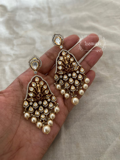 Kripa Kundan Studded Peacock Chandbali Pearl Drop Earrings By Ranibaug