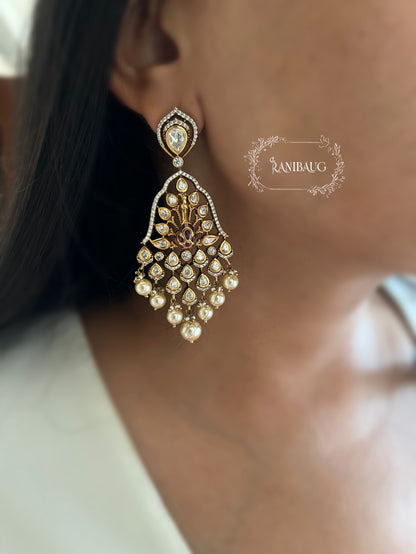 Kripa Kundan Studded Peacock Chandbali Pearl Drop Earrings By Ranibaug