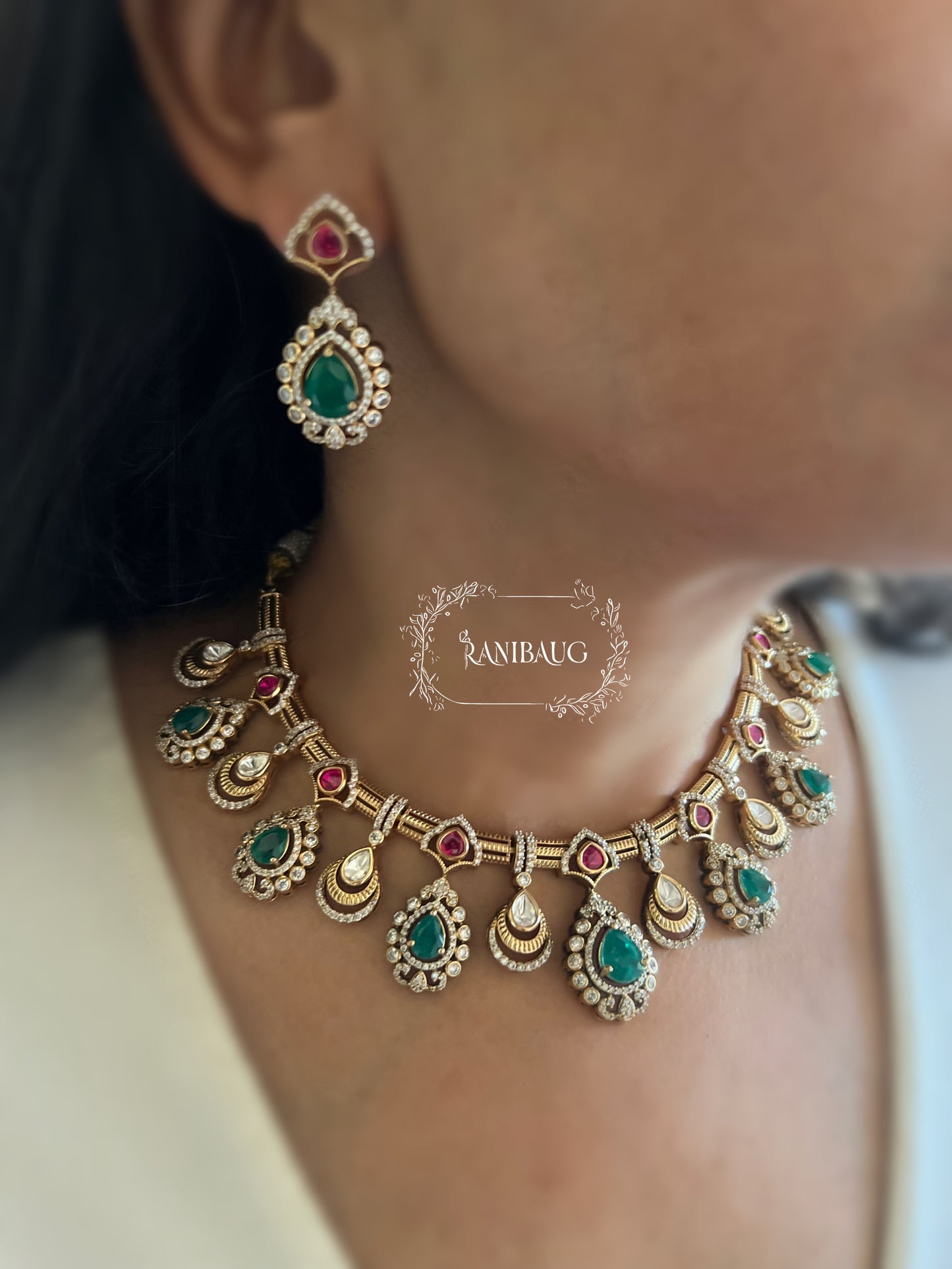 Kripa Teardrop Design Alternating Emerald In Rich Victorian Finish Necklace Jewellery Set By Ranibaug