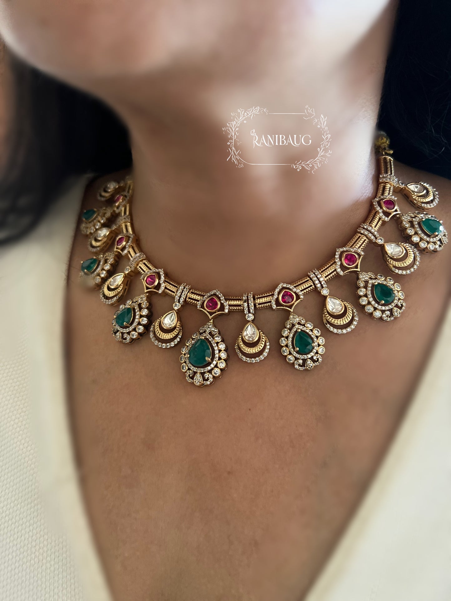 Kripa Teardrop Design Alternating Emerald In Rich Victorian Finish Necklace Jewellery Set By Ranibaug